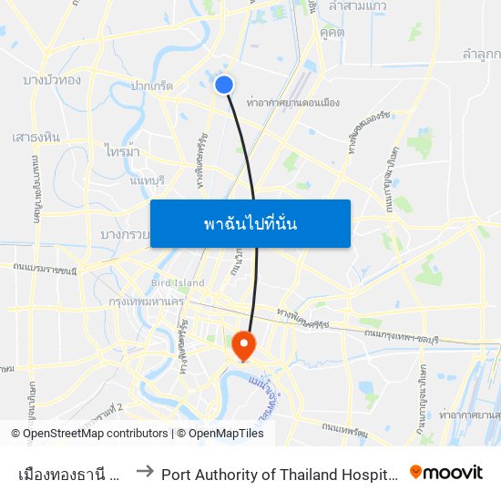 เมืองทองธานี Mueang Thong Thani to Port Authority of Thailand Hospital (โรงพยาบาลการท่าเรือแห่งประเทศไทย) map