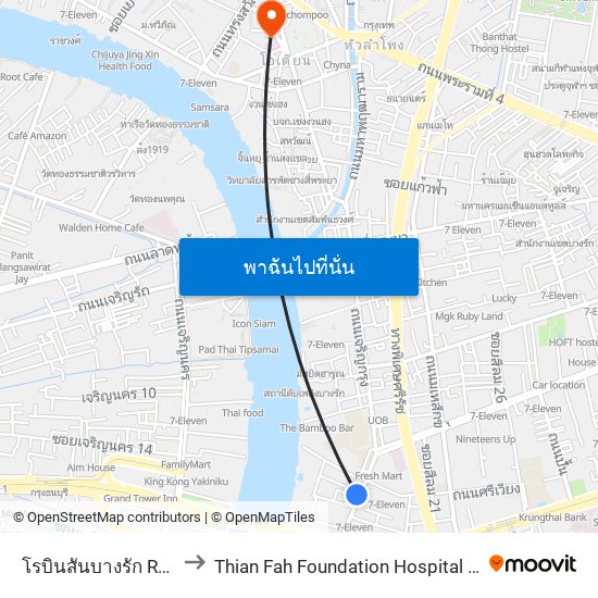 โรบินสันบางรัก Robinson Bangrak to Thian Fah Foundation Hospital (โรงพยาบาลเทียนฟ้ามูลนิธิ) map