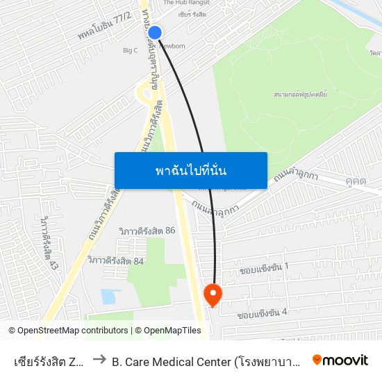 เซียร์รังสิต Zeer Rangsit to B. Care Medical Center (โรงพยาบาล บี. แคร์ เมดิคอลเซ็นเตอร์) map