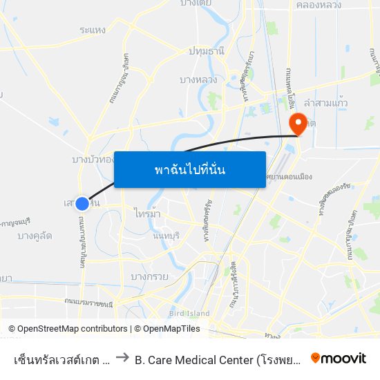 เซ็นทรัลเวสต์เกต Central Westgate to B. Care Medical Center (โรงพยาบาล บี. แคร์ เมดิคอลเซ็นเตอร์) map