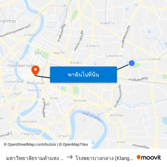 มหาวิทยาลัยรามคำแหง University to โรงพยาบาลกลาง (Klang Hospital) map