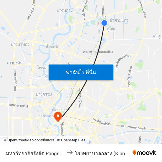 มหาวิทยาลัยรังสิต Rangsit University to โรงพยาบาลกลาง (Klang Hospital) map