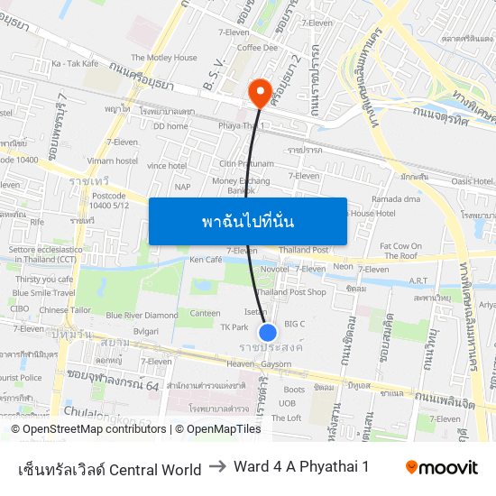 เซ็นทรัลเวิลด์ Central World to Ward 4 A Phyathai 1 map