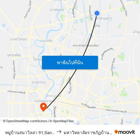 หมู่บ้านสนาวิลล่า 91;Sana Villa Village 91 to มหาวิทยาลัยราชภัฏบ้านสมเด็จเจ้าพระยา map