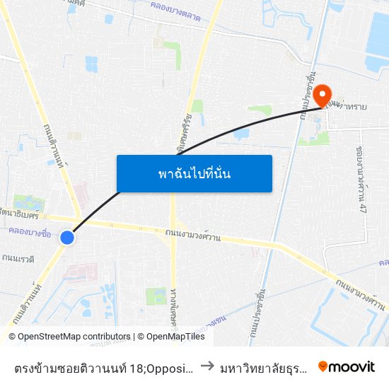 ตรงข้ามซอยติวานนท์ 18;Opposite Soi Tiwanon 18 to มหาวิทยาลัยธุรกิจบัณฑิตย์ map