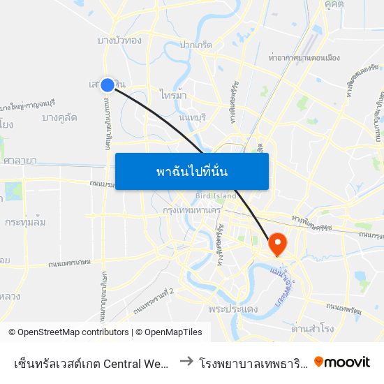 เซ็นทรัลเวสต์เกต Central Westgate to โรงพยาบาล​เทพธารินทร์ map