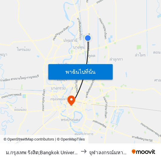 ม.กรุงเทพ รังสิต;Bangkok University Rangsit to จุฬาลงกรณ์มหาวิทยาลัย map