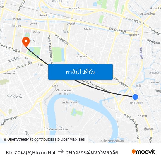 Bts อ่อนนุช;Bts on Nut to จุฬาลงกรณ์มหาวิทยาลัย map