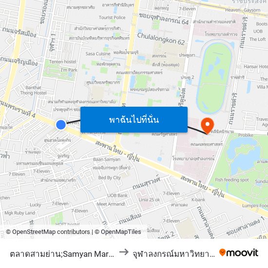 ตลาดสามย่าน;Samyan Market to จุฬาลงกรณ์มหาวิทยาลัย map