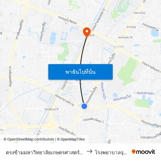 ตรงข้ามมหาวิทยาลัยเกษตรศาสตร์(ฝั่งพหลโยธิน) to โรงพยาบาลจุฬาภรณ์ map