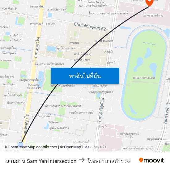 สามย่าน Sam Yan Intersection to โรงพยาบาลตำรวจ map