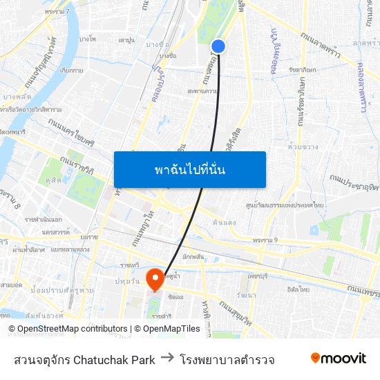 สวนจตุจักร Chatuchak Park to โรงพยาบาลตำรวจ map