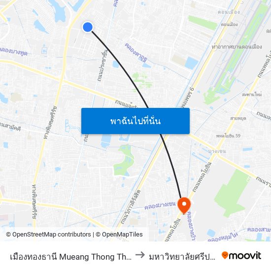 เมืองทองธานี Mueang Thong Thani to มหาวิทยาลัยศรีปทุม map