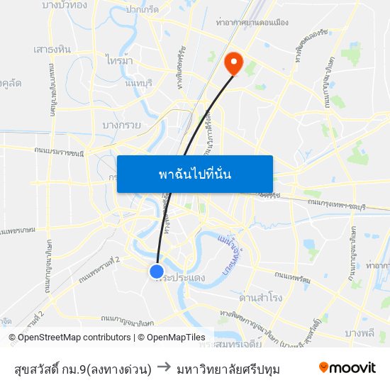 สุขสวัสดิ์ กม.9(ลงทางด่วน) to มหาวิทยาลัยศรีปทุม map