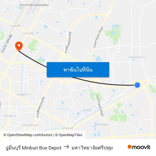 อู่มีนบุรี Minburi Bus Depot to มหาวิทยาลัยศรีปทุม map