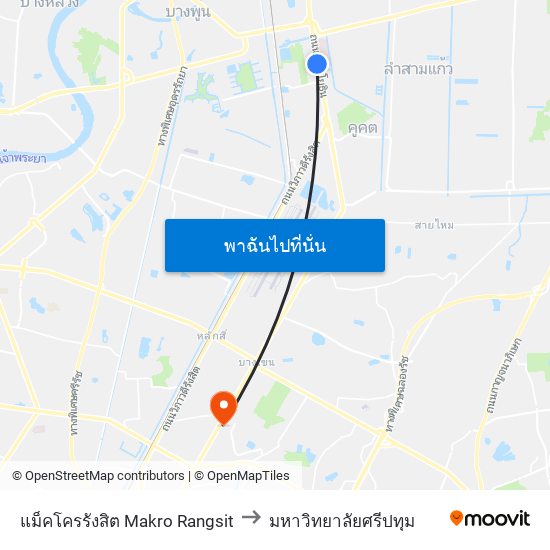 แม็คโครรังสิต Makro Rangsit to มหาวิทยาลัยศรีปทุม map