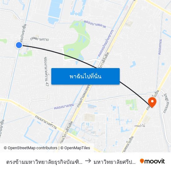 ตรงข้ามมหาวิทยาลัยธุรกิจบัณฑิตย์ to มหาวิทยาลัยศรีปทุม map