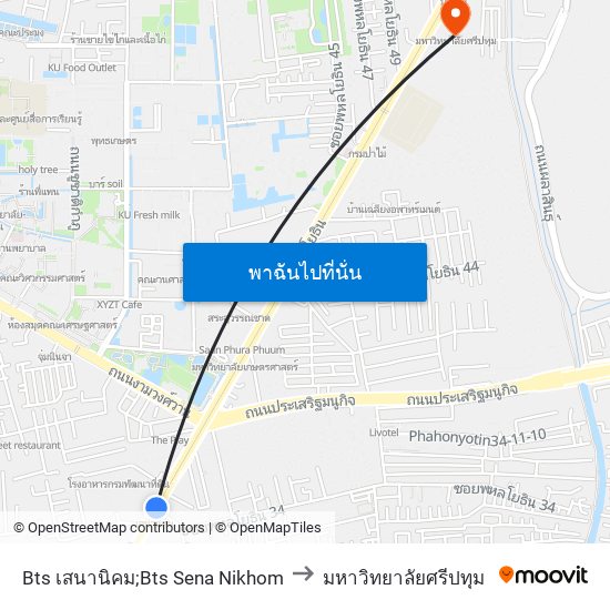 Bts เสนานิคม;Bts Sena Nikhom to มหาวิทยาลัยศรีปทุม map