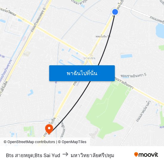 Bts สายหยุด;Bts Sai Yud to มหาวิทยาลัยศรีปทุม map