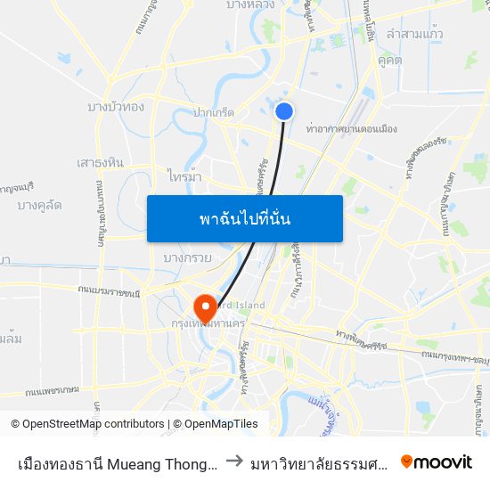 เมืองทองธานี Mueang Thong Thani to มหาวิทยาลัยธรรมศาสตร์ map