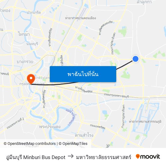 อู่มีนบุรี Minburi Bus Depot to มหาวิทยาลัยธรรมศาสตร์ map