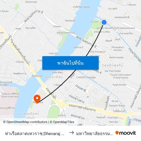 ท่าเรือตลาดเทวราช;Dhevaraj Market Pier to มหาวิทยาลัยธรรมศาสตร์ map