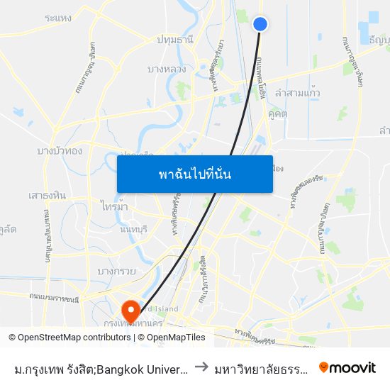 ม.กรุงเทพ รังสิต;Bangkok University Rangsit to มหาวิทยาลัยธรรมศาสตร์ map