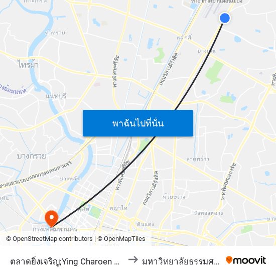 ตลาดยิ่งเจริญ;Ying Charoen Market to มหาวิทยาลัยธรรมศาสตร์ map