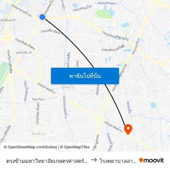 ตรงข้ามมหาวิทยาลัยเกษตรศาสตร์(ฝั่งพหลโยธิน) to โรงพยาบาลลาดพร้าว map