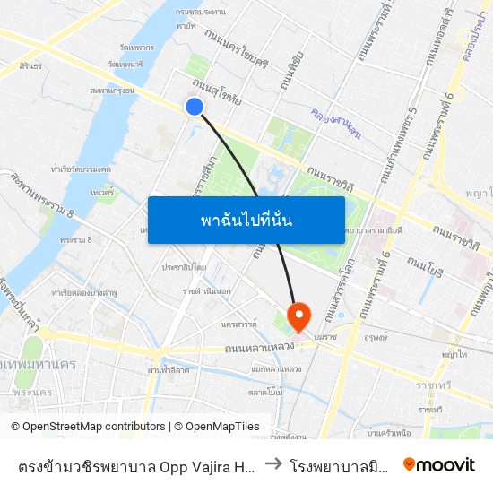 ตรงข้ามวชิรพยาบาล Opp Vajira Hospital to โรงพยาบาลมิชชั่น map