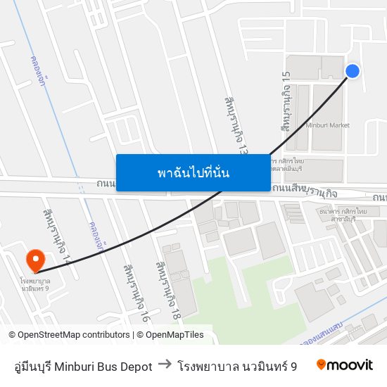 อู่มีนบุรี Minburi Bus Depot to โรงพยาบาล นวมินทร์ 9 map