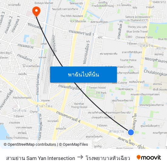 สามย่าน Sam Yan Intersection to โรงพยาบาลหัวเฉียว map