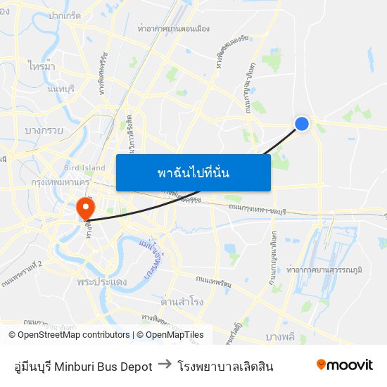 อู่มีนบุรี Minburi Bus Depot to โรงพยาบาลเลิดสิน map