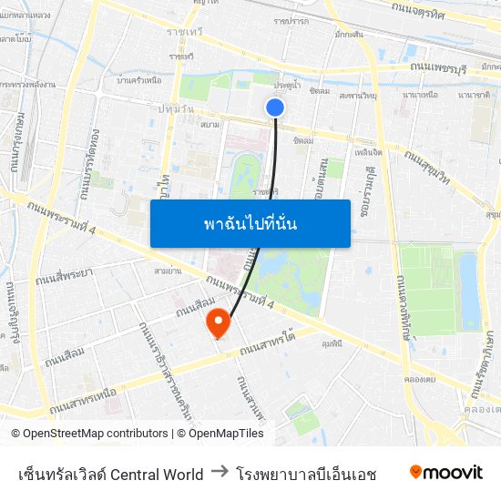 เซ็นทรัลเวิลด์ Central World to โรงพยาบาลบีเอ็นเอช map