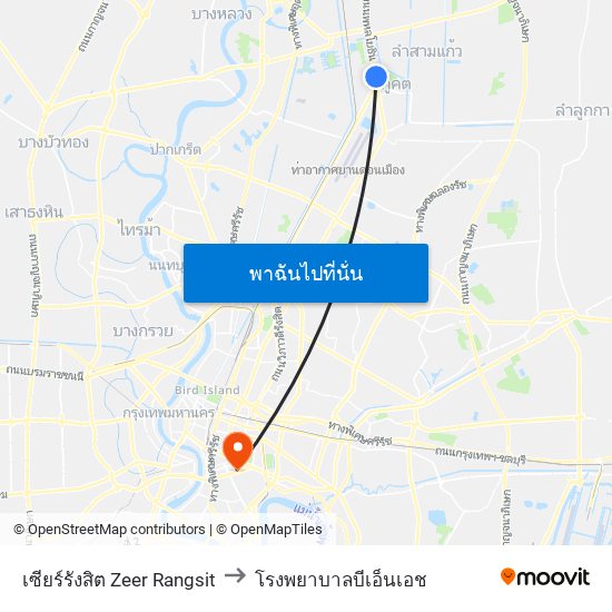 เซียร์รังสิต Zeer Rangsit to โรงพยาบาลบีเอ็นเอช map