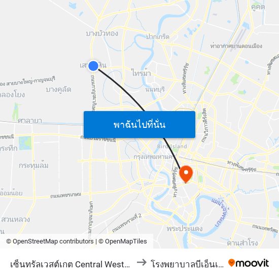 เซ็นทรัลเวสต์เกต Central Westgate to โรงพยาบาลบีเอ็นเอช map