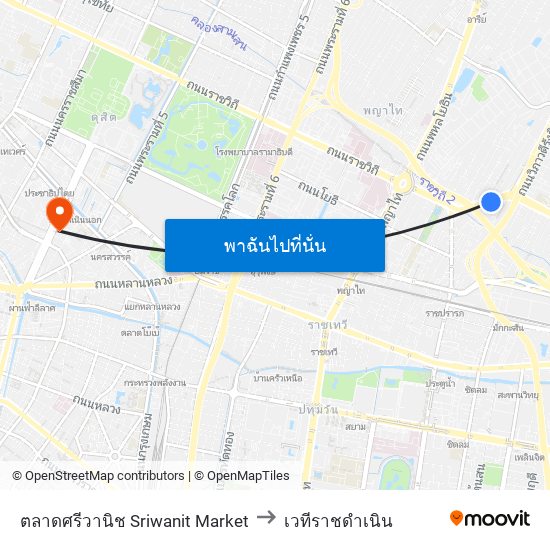 ตลาดศรีวานิช Sriwanit Market to เวทีราชดำเนิน map