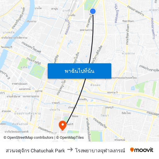 สวนจตุจักร Chatuchak Park to โรงพยาบาลจุฬาลงกรณ์ map