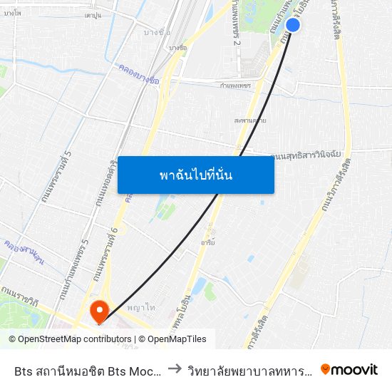 Bts สถานีหมอชิต Bts Mochit to วิทยาลัยพยาบาลทหารบก map
