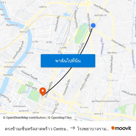 ตรงข้ามเซ็นทรัลลาดพร้าว  Central Ladprao to โรงพยาบาลรามาธิบดี map