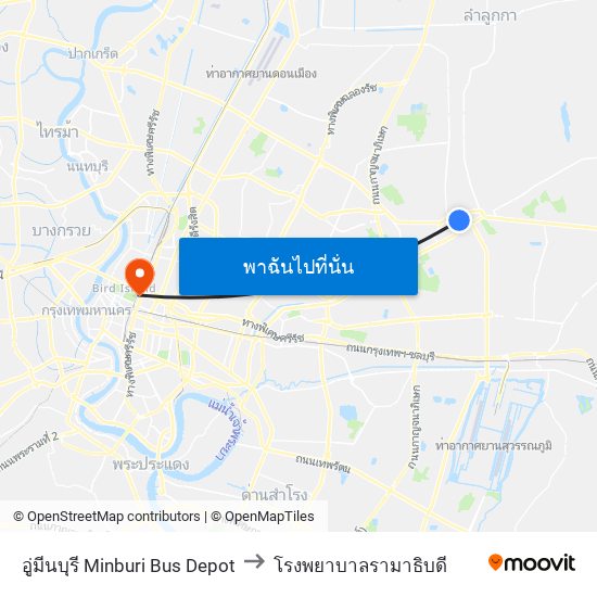 อู่มีนบุรี Minburi Bus Depot to โรงพยาบาลรามาธิบดี map