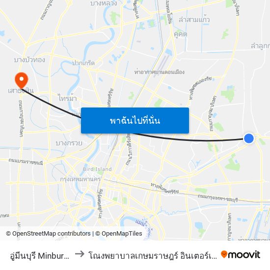 อู่มีนบุรี Minburi Bus Depot to โณงพยาบาลเกษมราษฎร์ อินเตอร์เนชั่นแนล รัตนาธิเบศร์ map