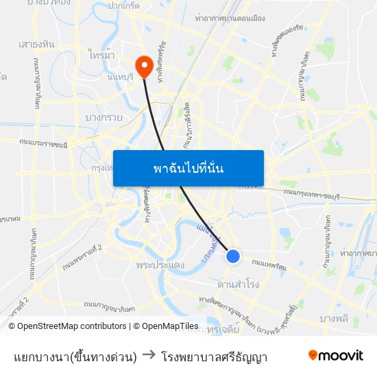 แยกบางนา(ขึ้นทางด่วน) to โรงพยาบาลศรีธัญญา map