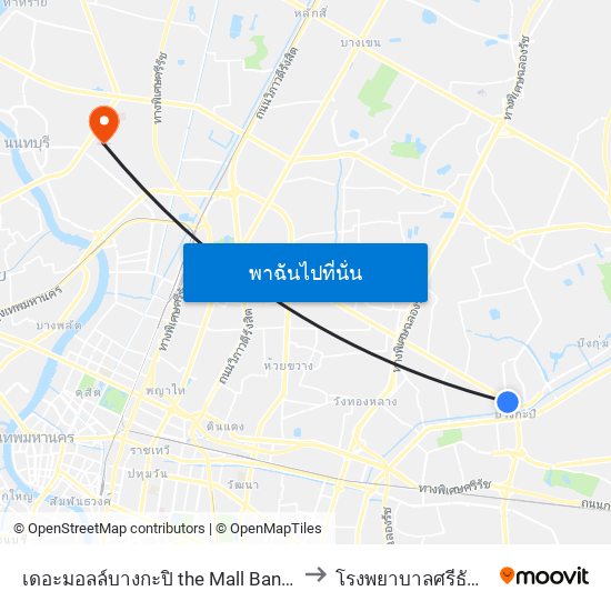 เดอะมอลล์บางกะปิ the Mall Bangkapi to โรงพยาบาลศรีธัญญา map