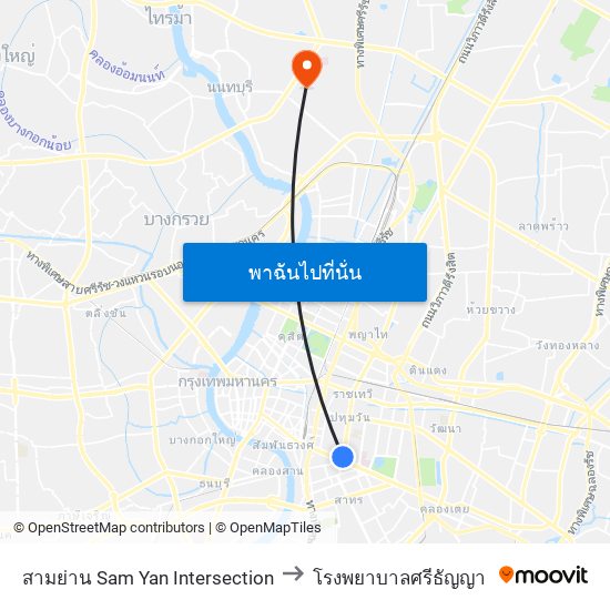 สามย่าน Sam Yan Intersection to โรงพยาบาลศรีธัญญา map