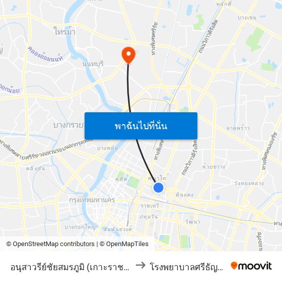 อนุสาวรีย์ชัยสมรภูมิ (เกาะราชวิถี) to โรงพยาบาลศรีธัญญา map