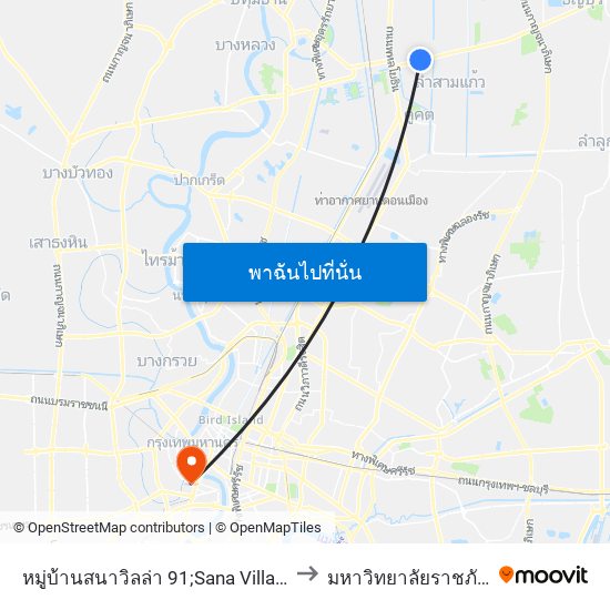 หมู่บ้านสนาวิลล่า 91;Sana Villa Village 91 to มหาวิทยาลัยราชภัฏธนบุรี map