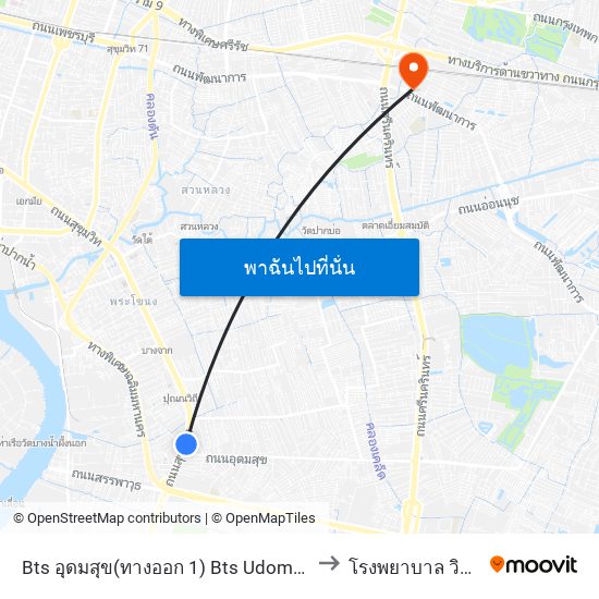 Bts อุดมสุข(ทางออก 1) Bts Udomsuk (Exit 1) to โรงพยาบาล วิภาราม map