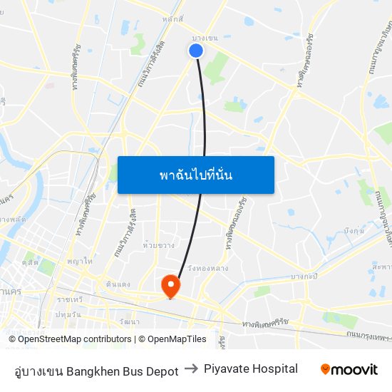 อู่บางเขน Bangkhen Bus Depot to Piyavate Hospital map