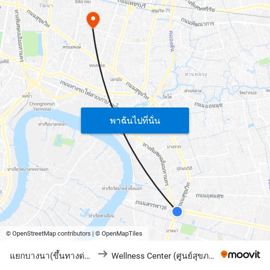 แยกบางนา(ขึ้นทางด่วน) to Wellness Center (ศูนย์สุขภาพ) map